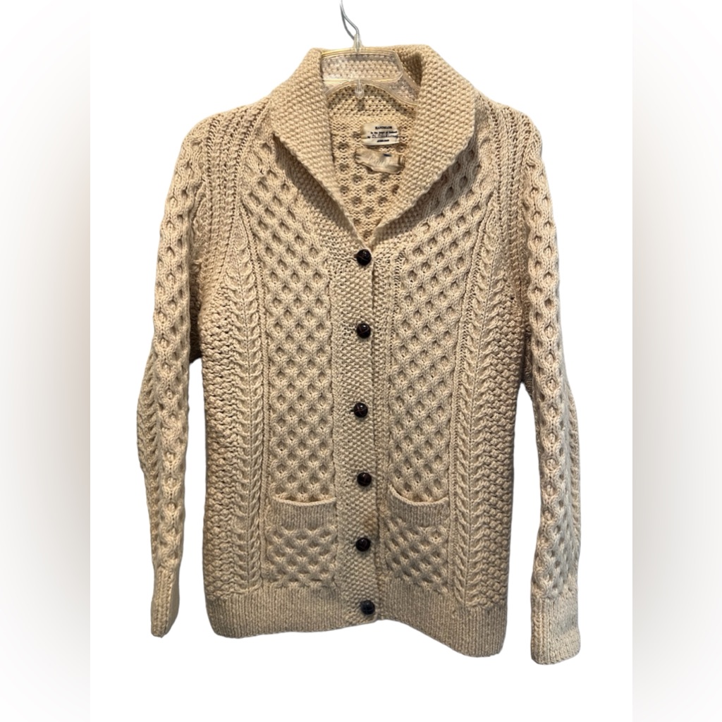 Vintage Beige Irish Wool Fishermens Cardigan Sweater Chunky Leather Buttons S